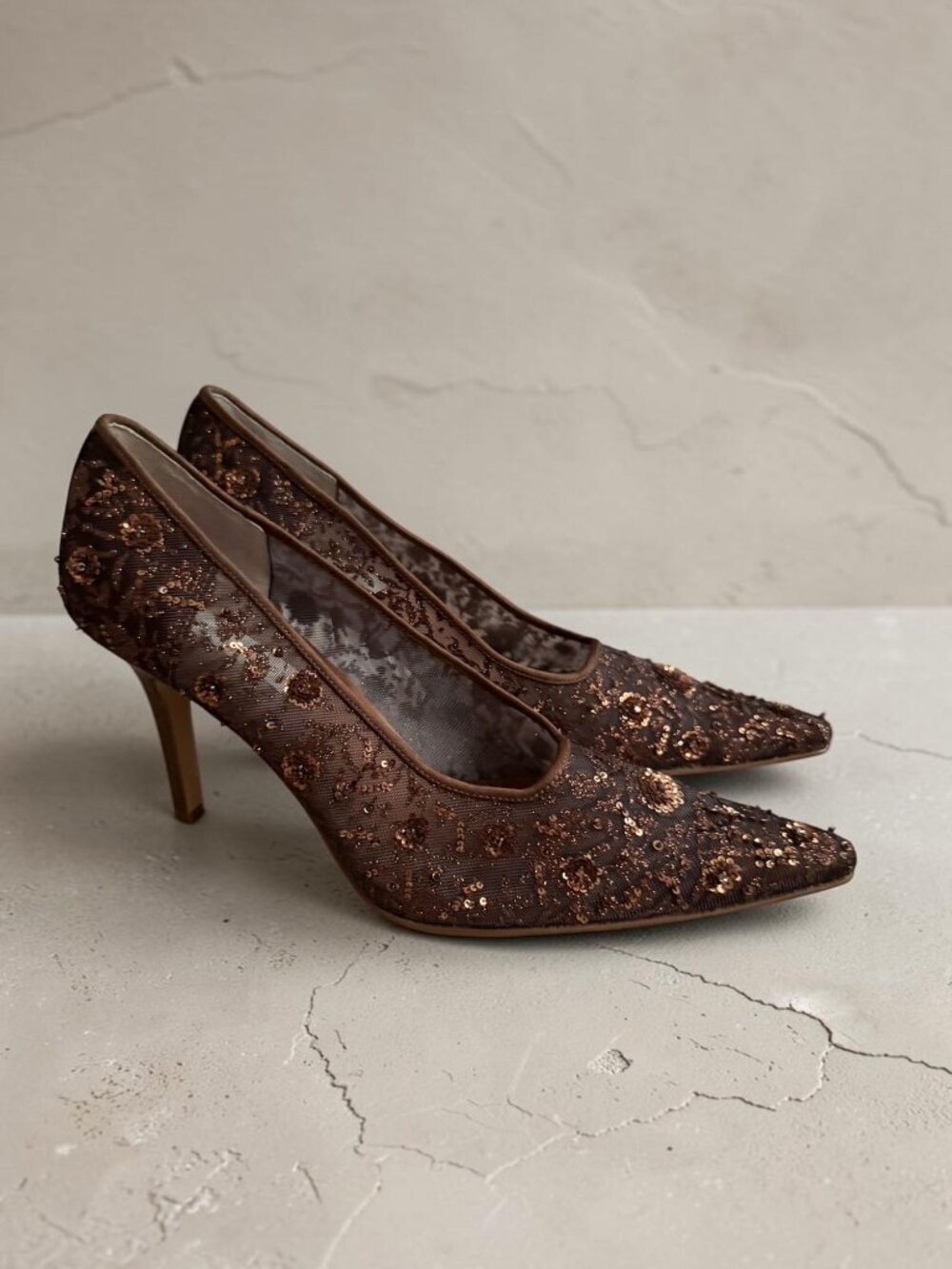LORD & TAYLOR Brown Embellished Beaded Floral Heels Size 8.5